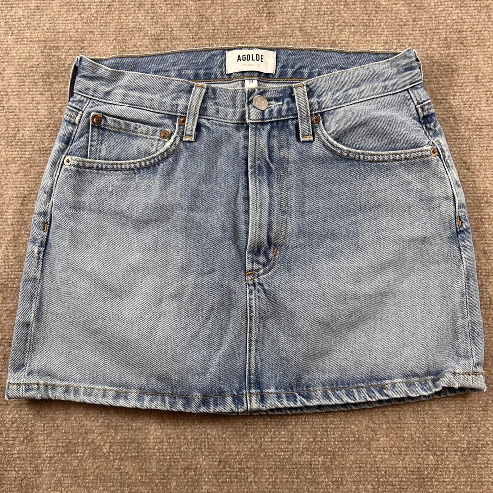 AGOLDE Liv Mini Skirt Womens 24‎ Blue Denim Light Wash High Rise Organic Cotton